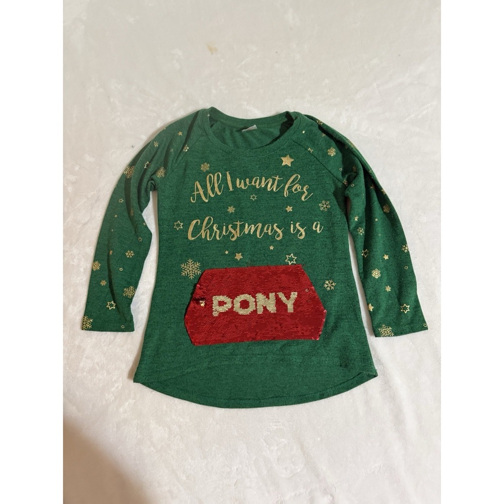 Holiday Time Girl's 7/8 Green Gold Sparkle Long Sleeve Christmas Pony Shirt